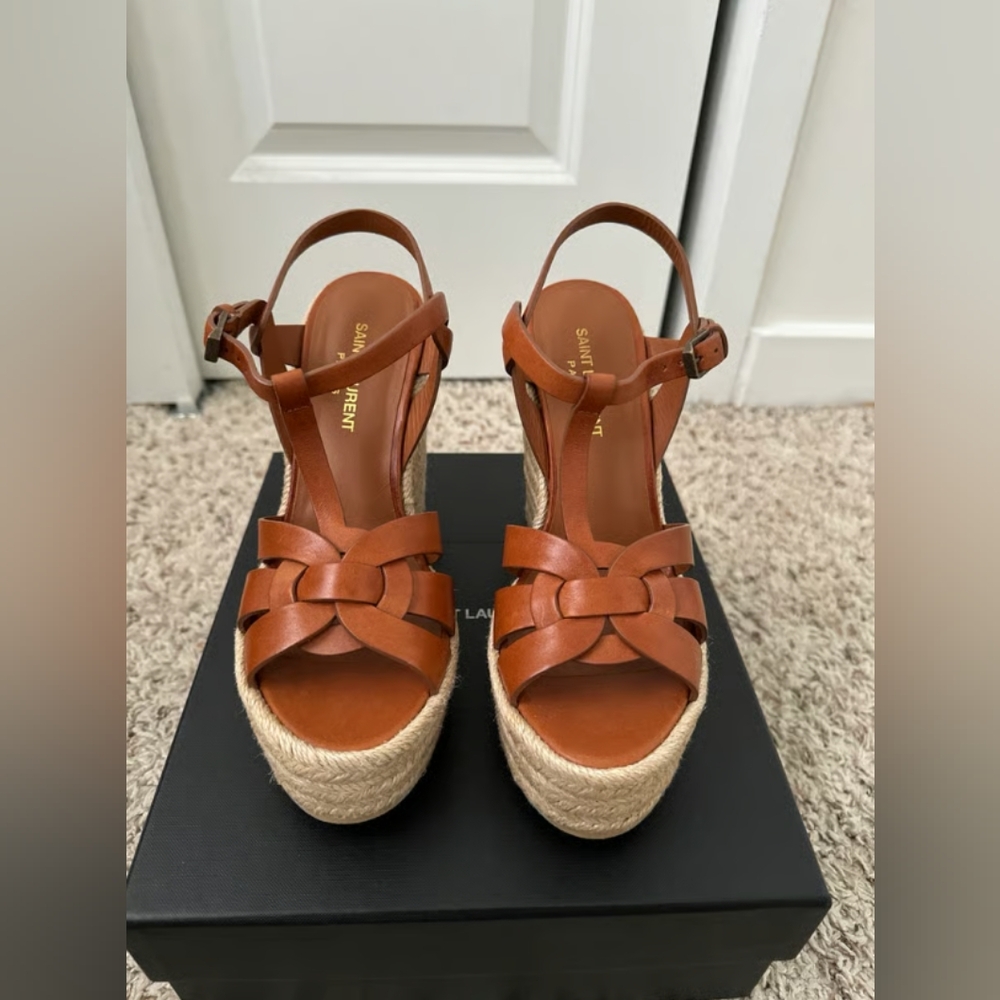 Saint Laurent Tribute Leather Straw Heel Sandals